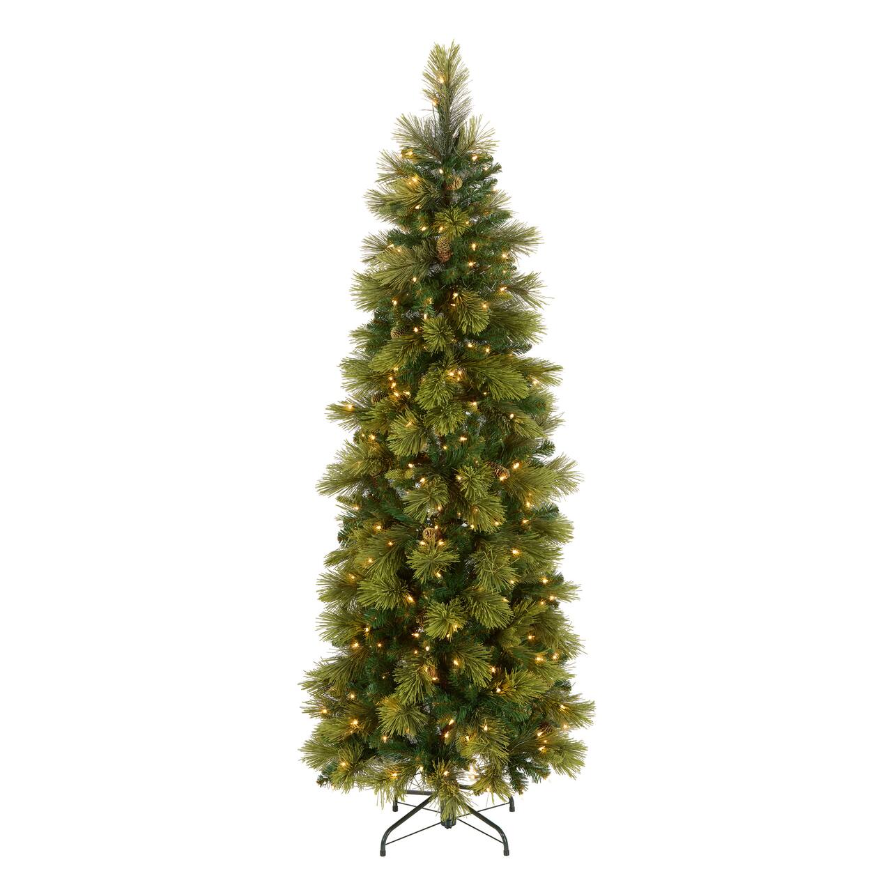 6.5 ft. Pre-Lit Carolina Pine Slim Artificial Christmas Tree with Flocked Pine Cones, Clear Lights